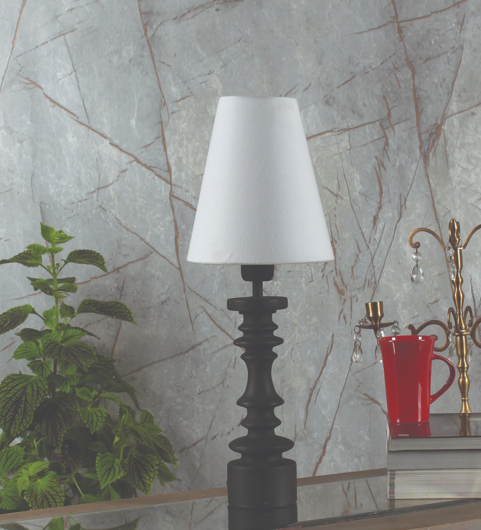 Ujjala Dark Grey Wood Table Lamp With Off White Lamp Shade