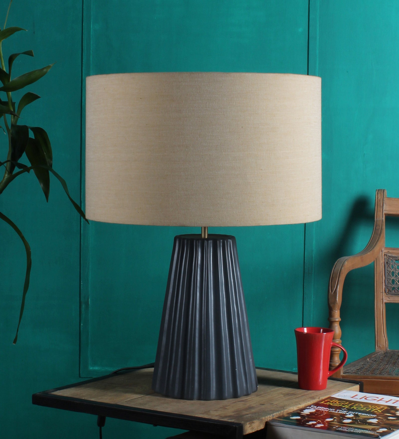 Ujjala Ceramic Table Lamp Pot Shape Teal color with Off-White Lamp Shade