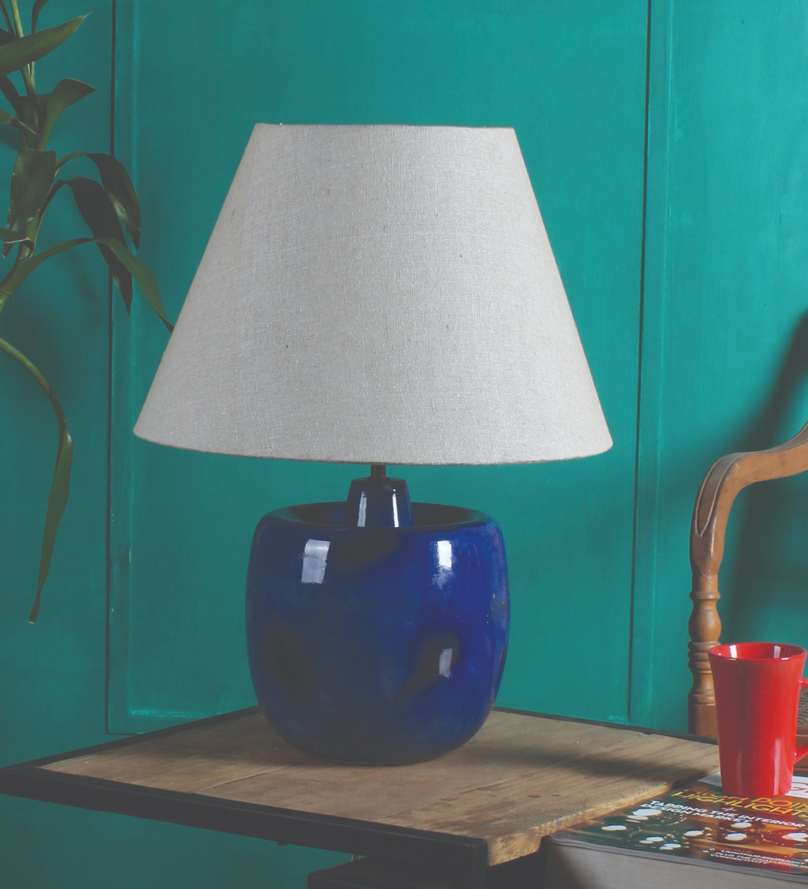 Ujjala Ceramic Table Lamp Pot Shape blue color with Off-White Lamp Shade