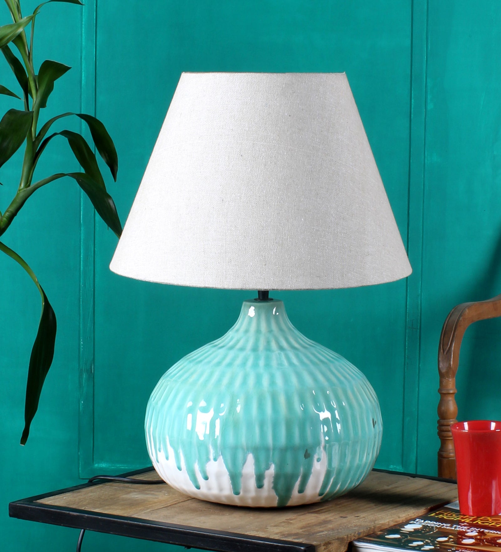 Ujjala Ceramic Table Lamp Pot Shape Teal color with Off-White Lamp Shade