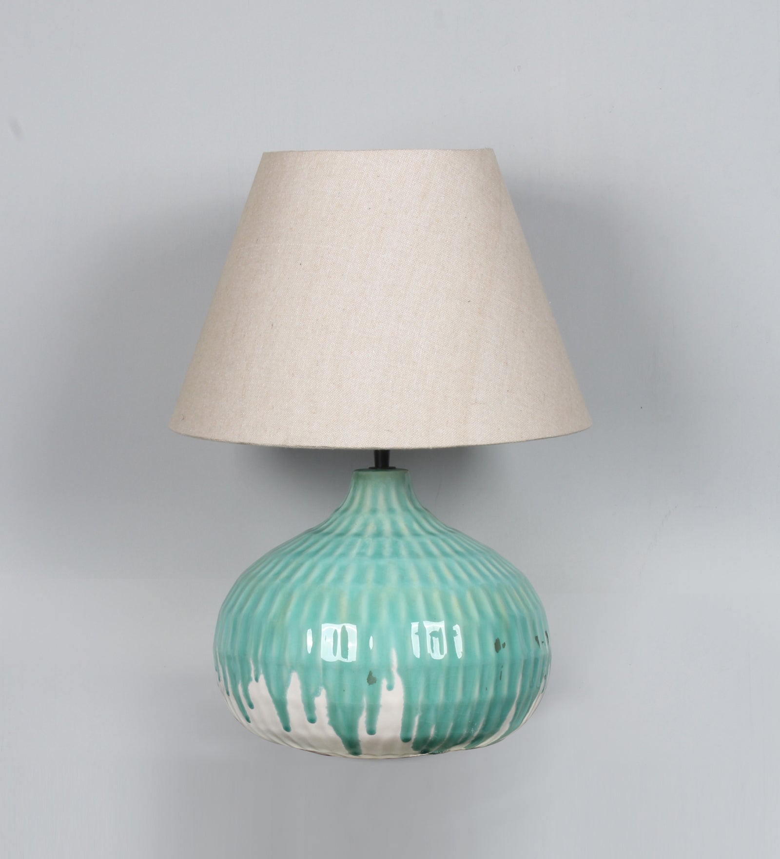 Ujjala Ceramic Table Lamp Pot Shape Teal color with Off-White Lamp Shade