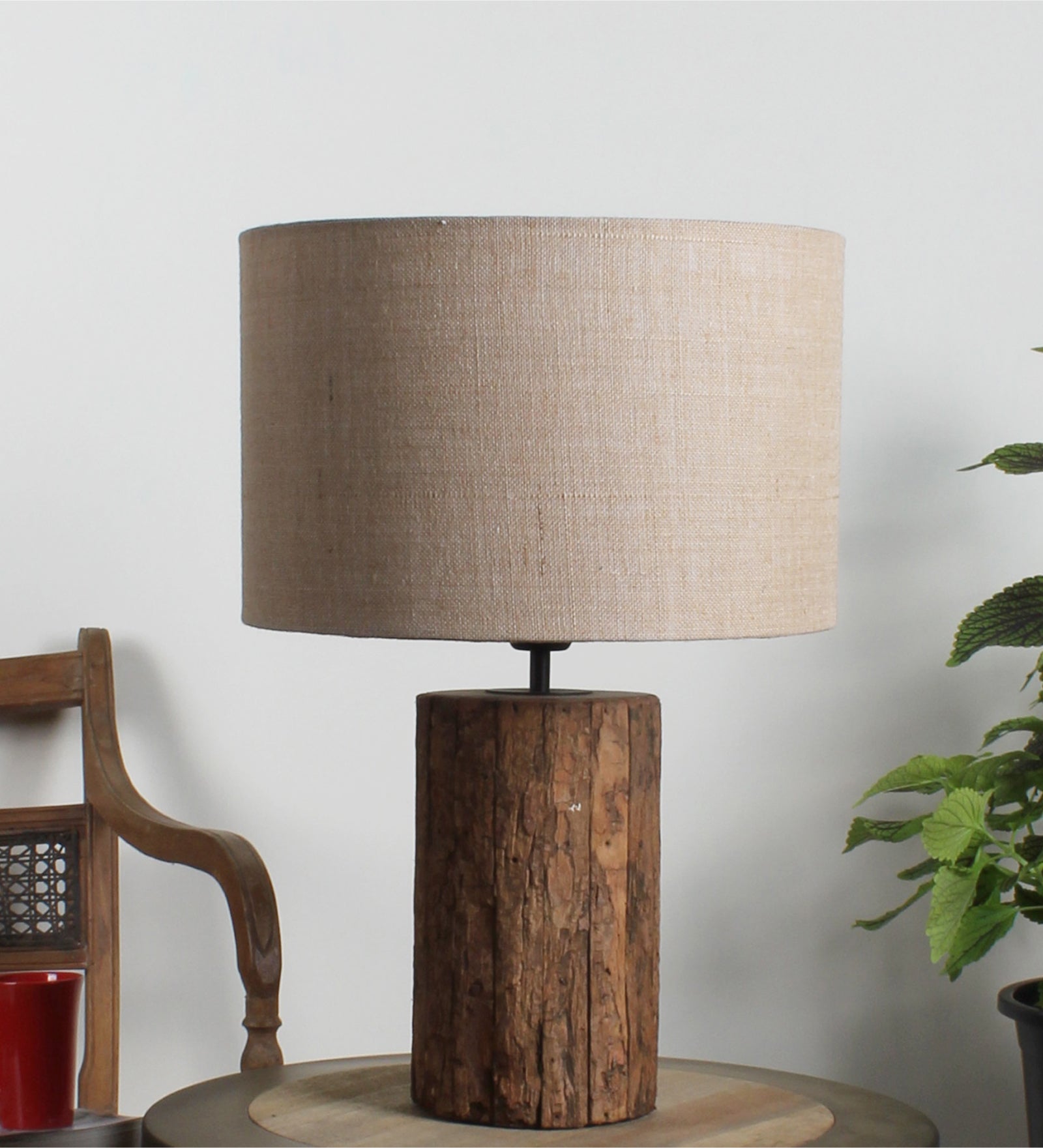 Ujjala Bark Wood Table Lamp With Natural Jute Shade