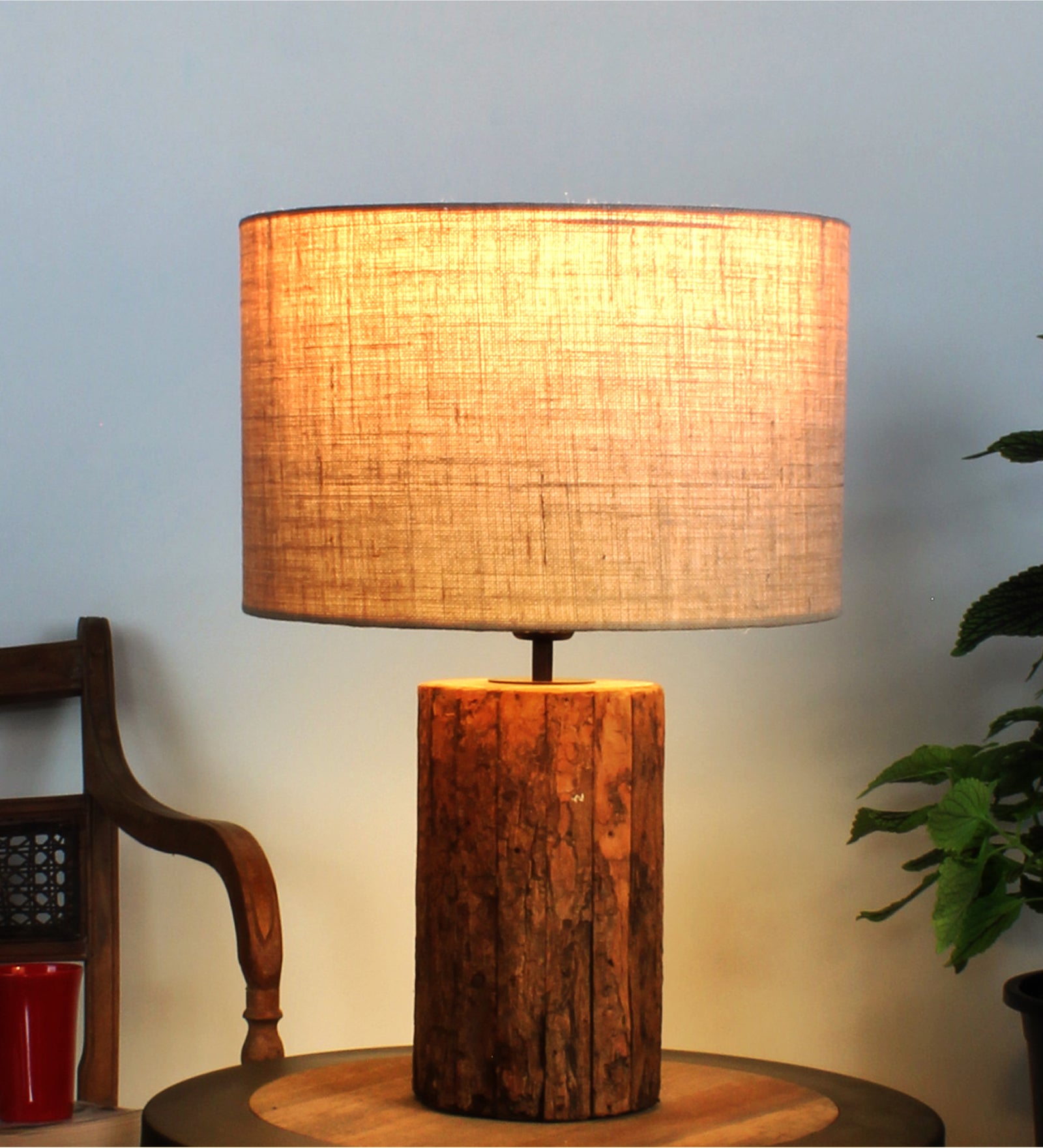 Ujjala Bark Wood Table Lamp With Natural Jute Shade