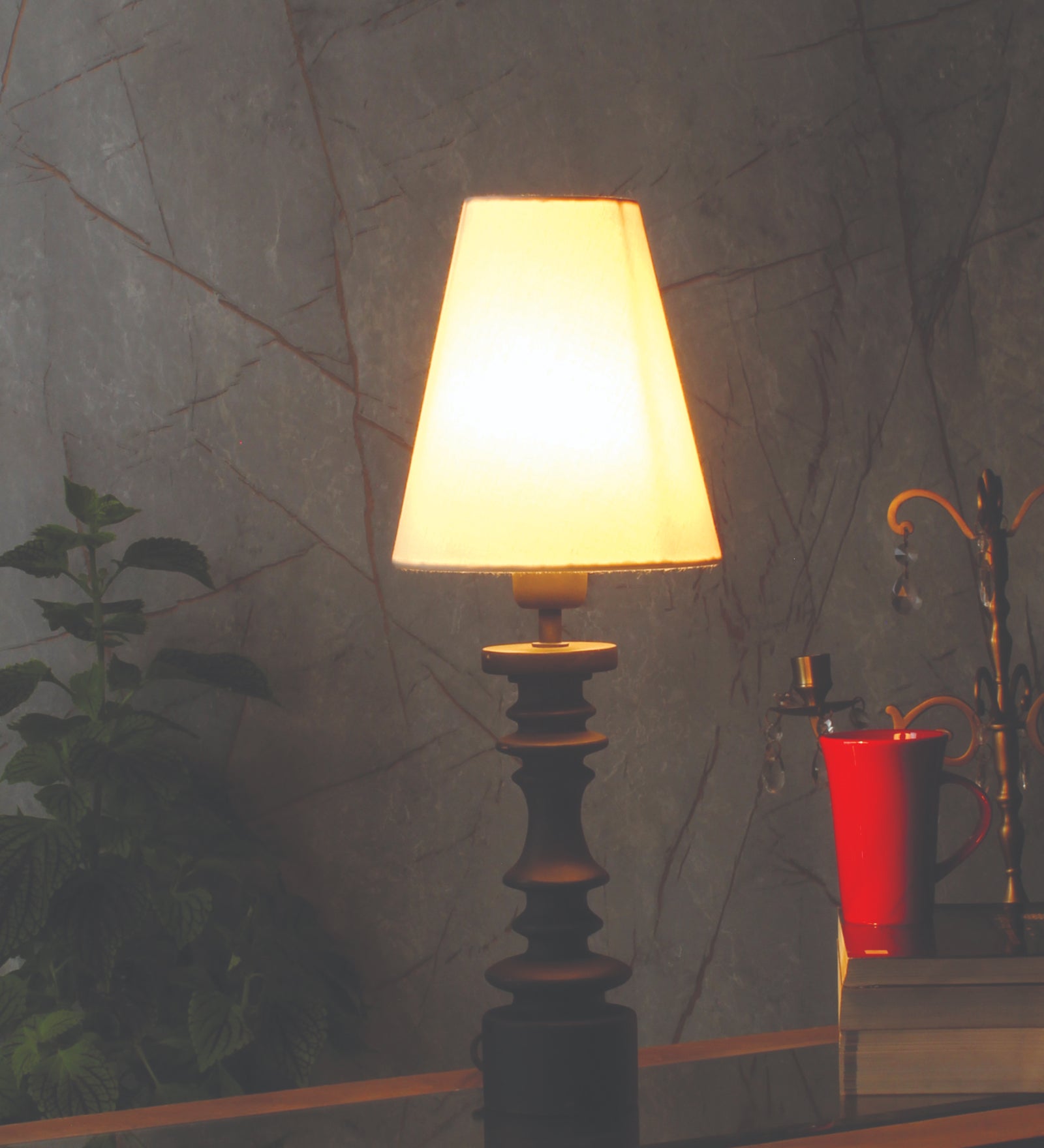 Ujjala Dark Grey Wood Table Lamp With Off White Lamp Shade