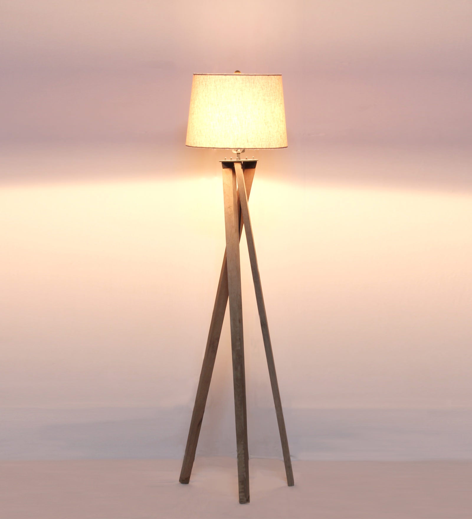 Tripod Wood Floor Lamp With Off-White Fabric Lamp shade