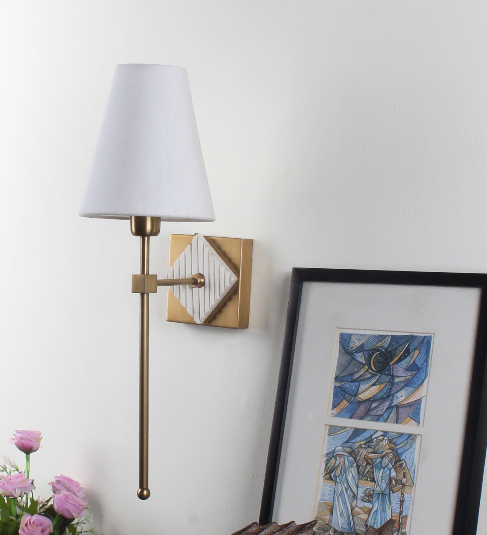 Metal & Marble Up wall light with fabric Lampshade