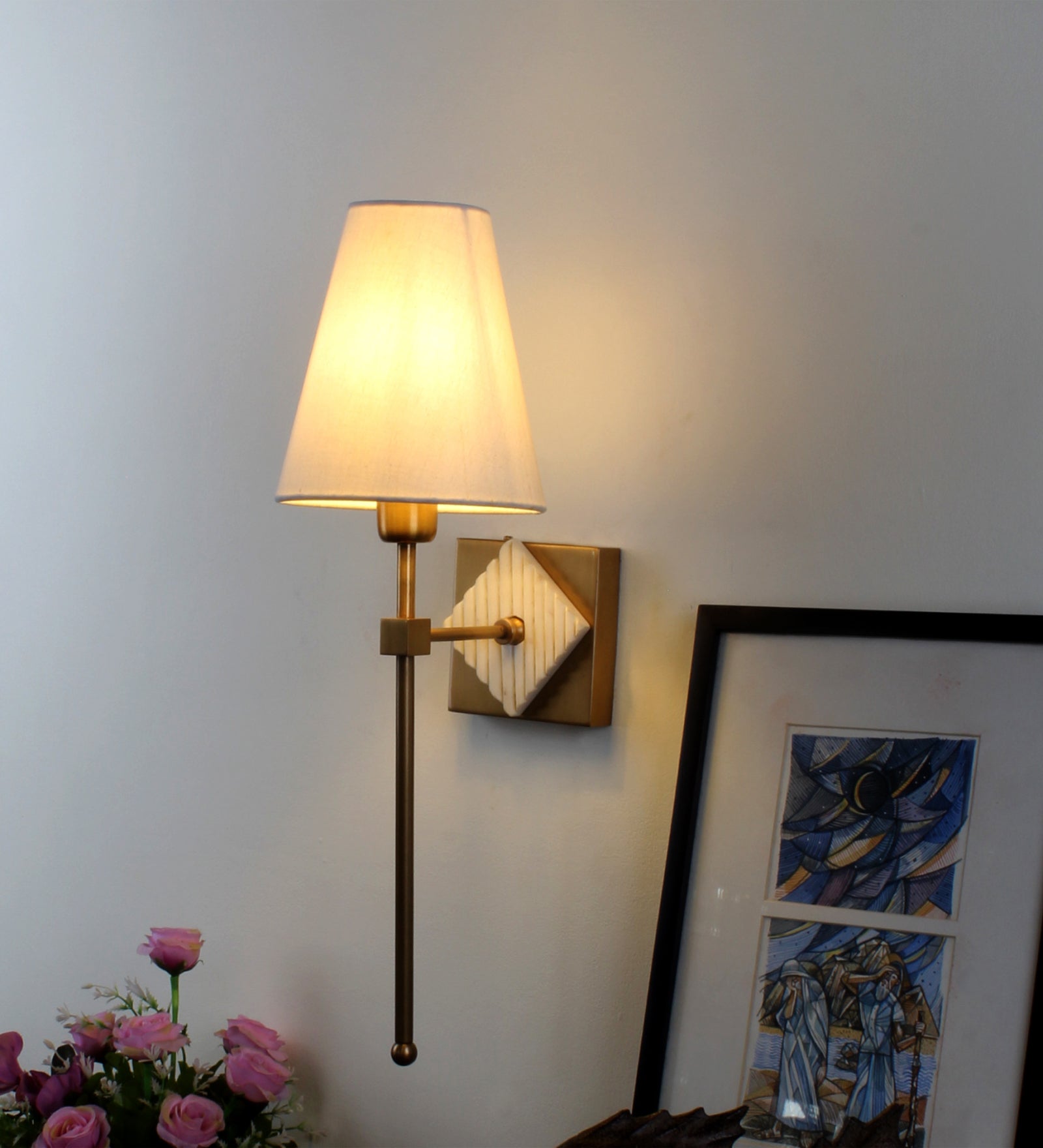 Metal & Marble Up wall light with fabric Lampshade